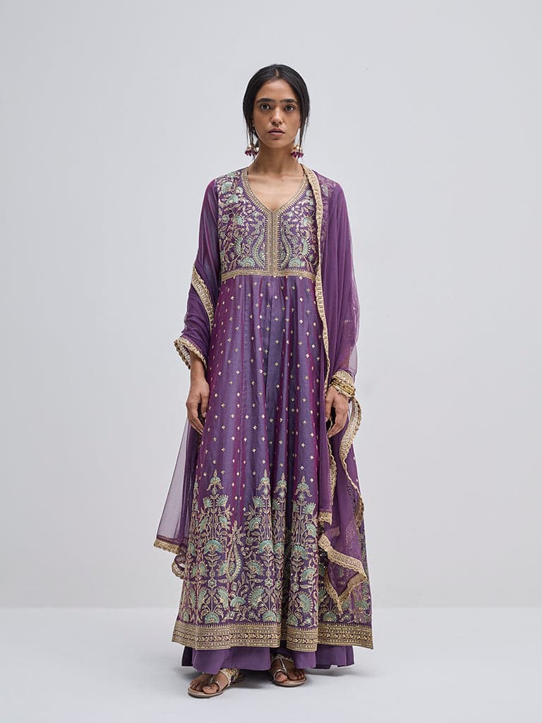 Vark Purple Floral Anarkali Kurta, Skirt and Dupatta Set