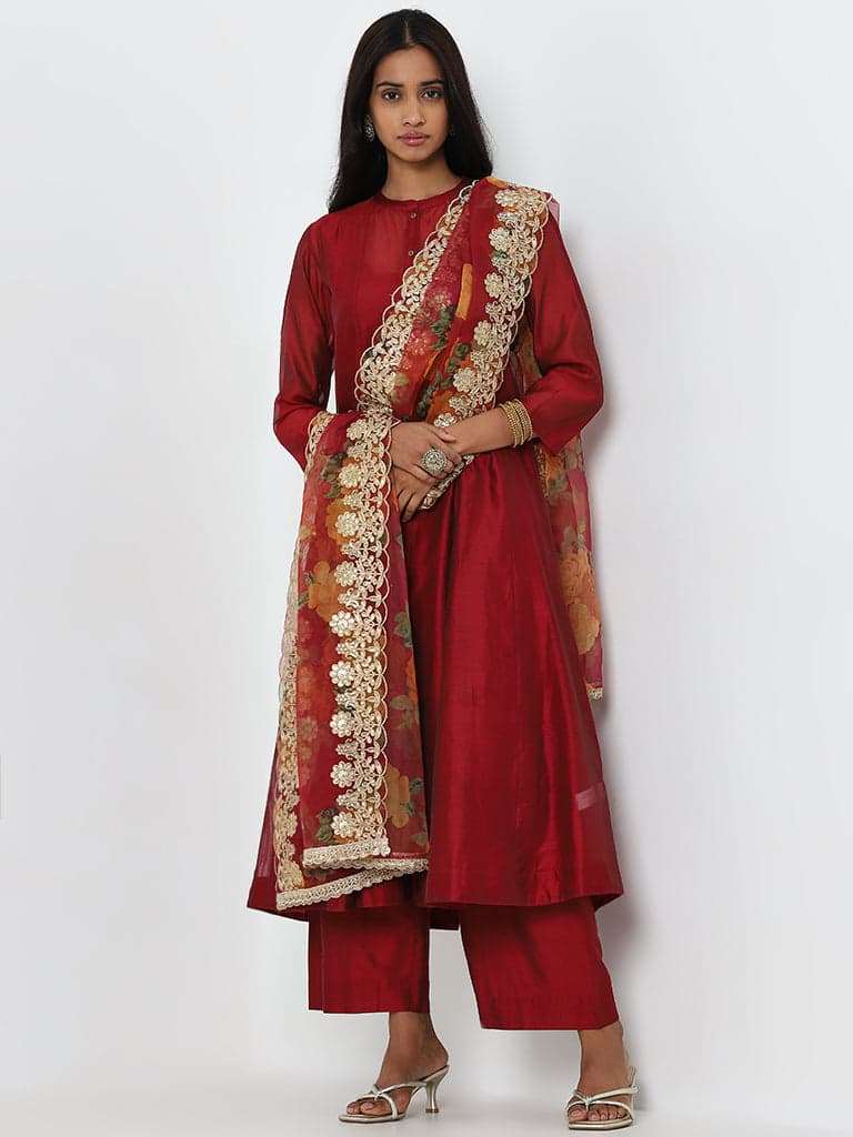 Vark Maroon A-Line Kurta, Palazzos and Floral Dupatta Set