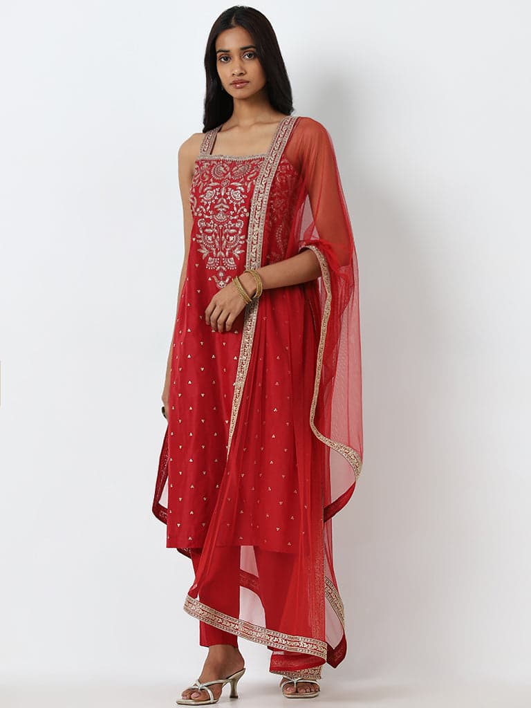 Vark Red Embroidered Straight Kurta, Pants and Dupatta Set