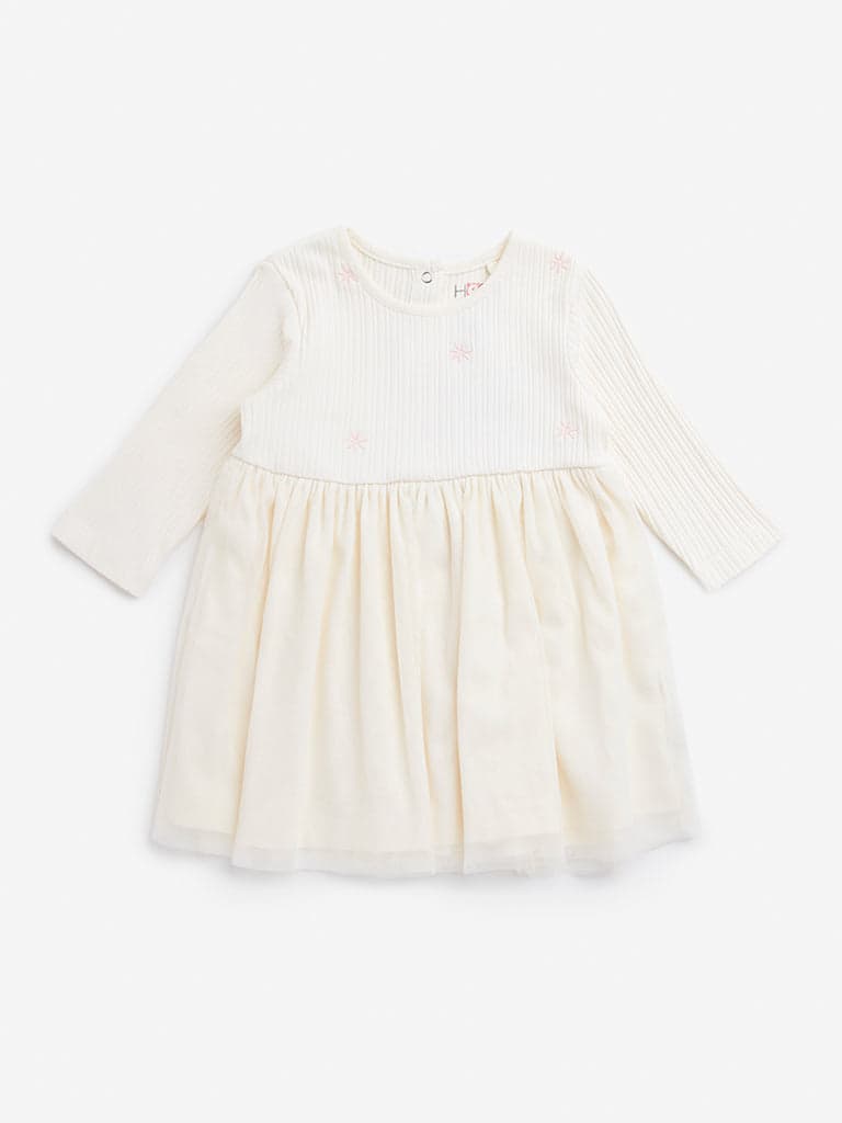 HOP Baby Off-White Floral Embroidered Cotton Blend Party Dress