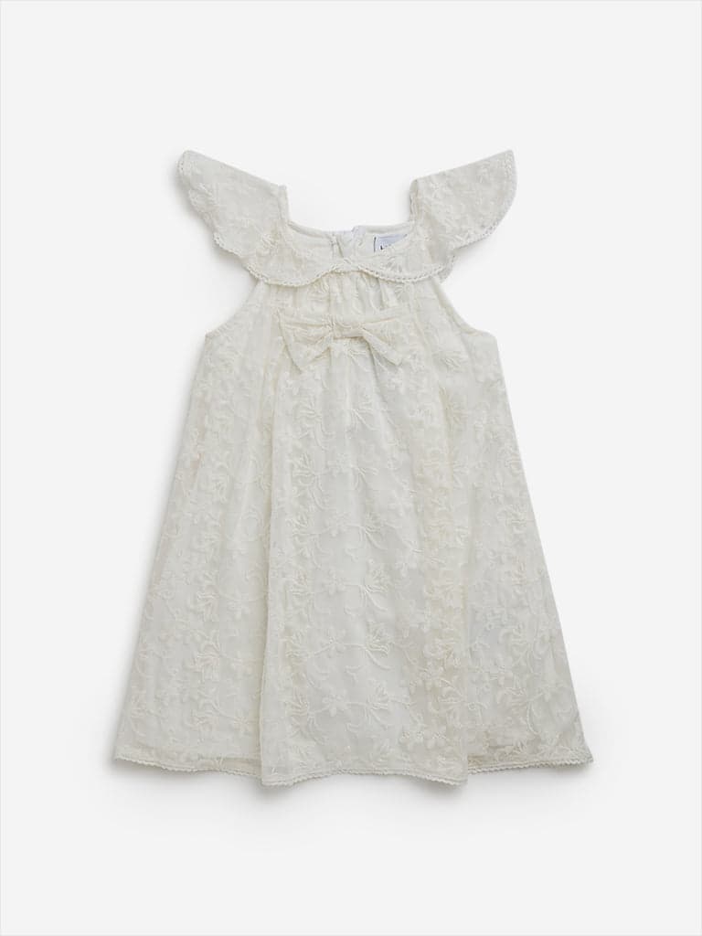 HOP Kids Off-White Floral Embroidered A-Line Dress