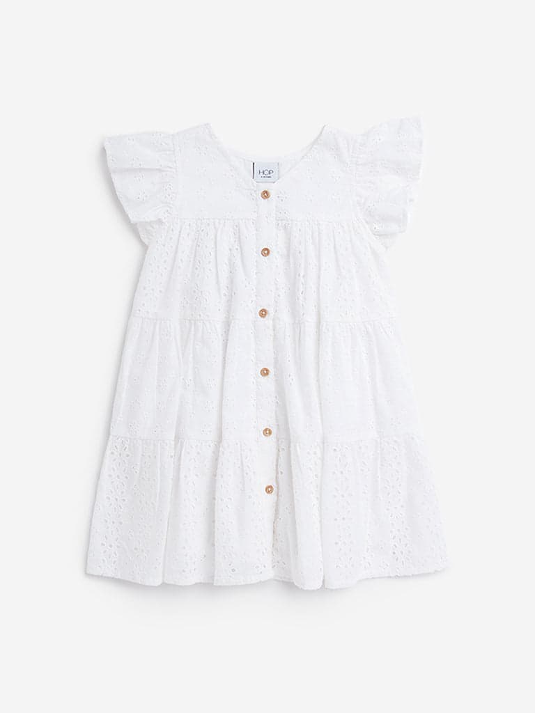 HOP Kids White Schiffli Detailed Tiered Cotton Dress