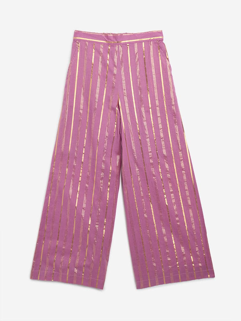 Utsa Kids Mauve Striped High-Rise Cotton Blend Palazzos - (8 - 14yrs)