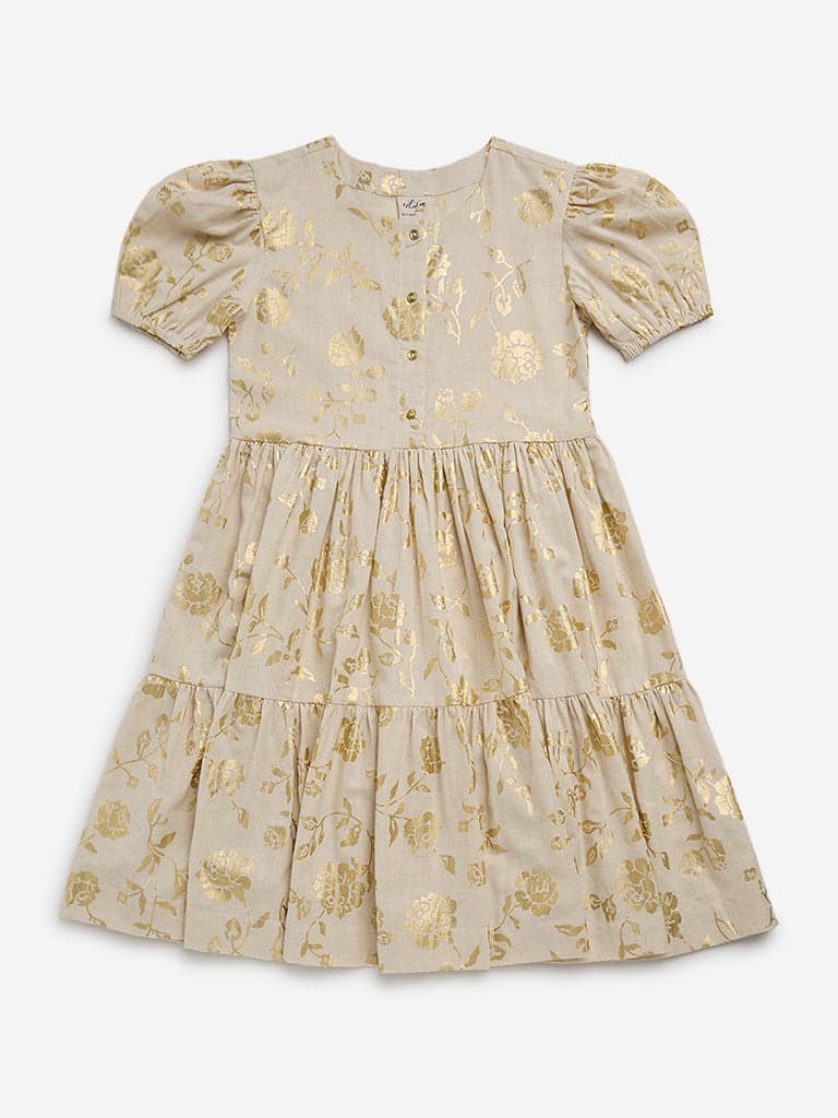 Utsa Kids Beige Floral Printed Tiered Cotton Blend Dress - (8 -14yrs)