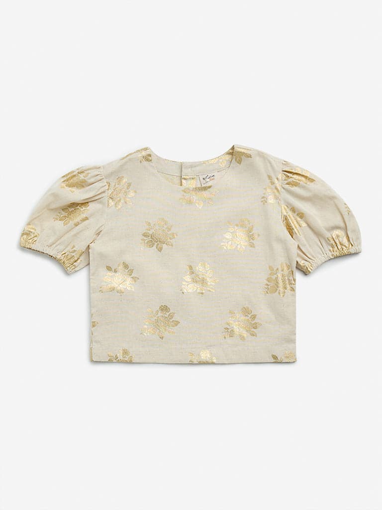 Utsa Kids Beige Floral Printed Cotton Blend Top - (8 -14yrs)