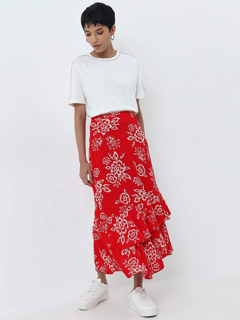 LOV Red Floral Printed Ruffled High-Rise Skirt