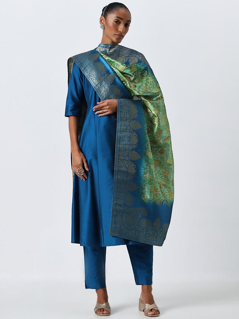 Vark Blue A-Line Kurta, Mid-Rise Pants and Dupatta Set