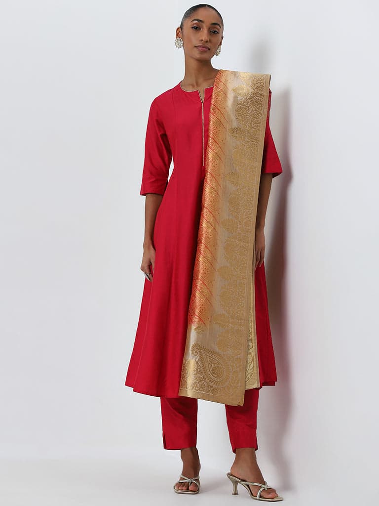 Vark Red A-Line Kurta, Ethnic Pants and Dupatta Set