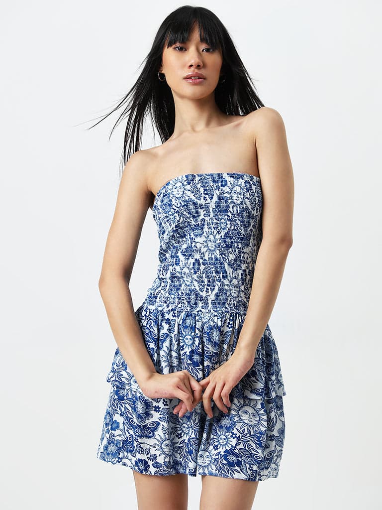 Nuon Blue Floral Printed A-Line Dress