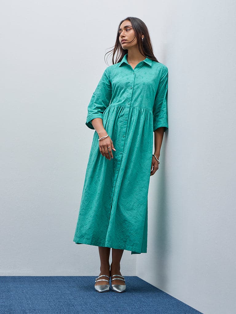 Utsa Light Green Floral A-Line Cotton Shirt Dress with Belt