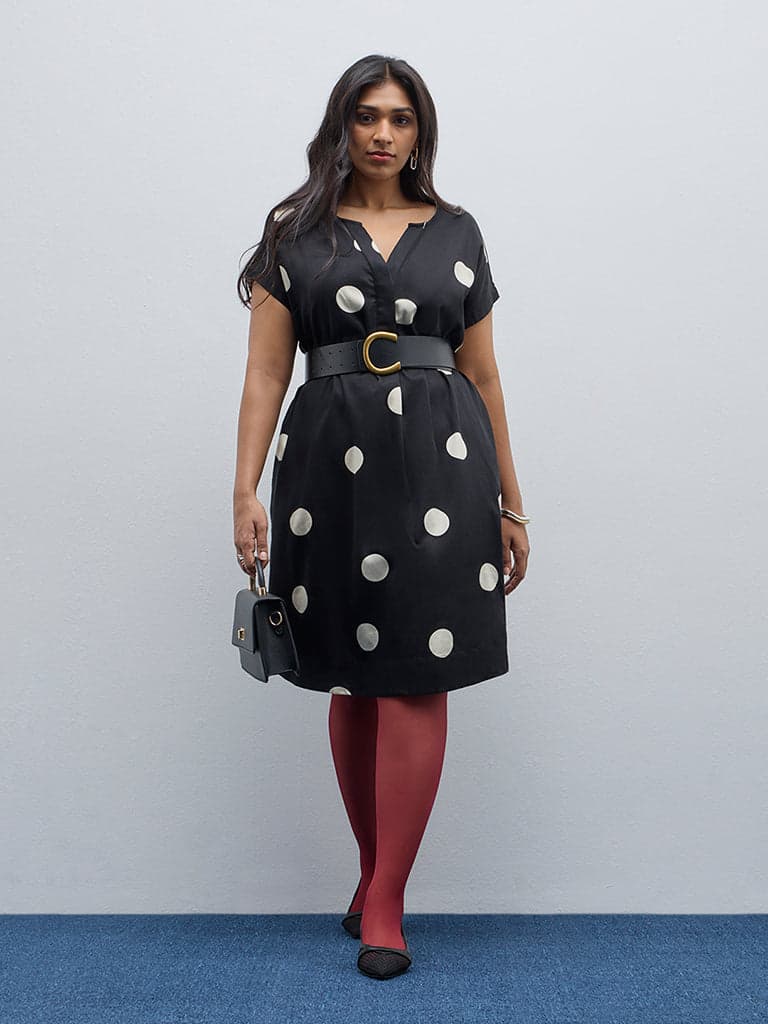 Gia Black Polka Dot Printed A-Line Cotton Dress