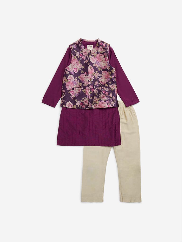 Utsa Kids Purple Kurta, Jacket and Pyjamas Set - (2 - 8yrs)