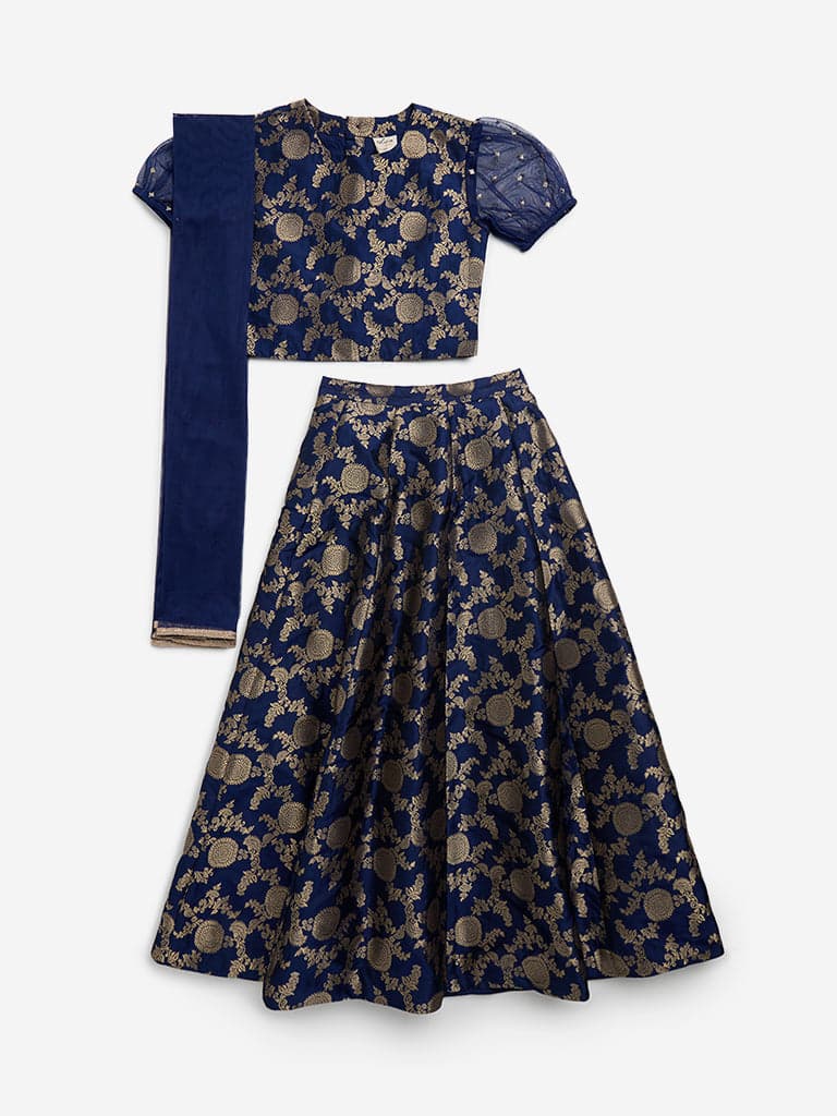 Utsa Kids Blue Embroidered Choli, Ghagra and Dupatta Set - (8 - 14yrs)