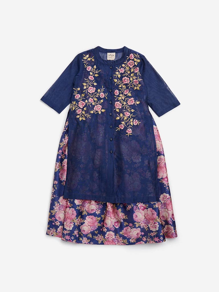 Utsa Kids Blue Floral Embroidered Kurta and Inner Set - (2 - 8yrs)