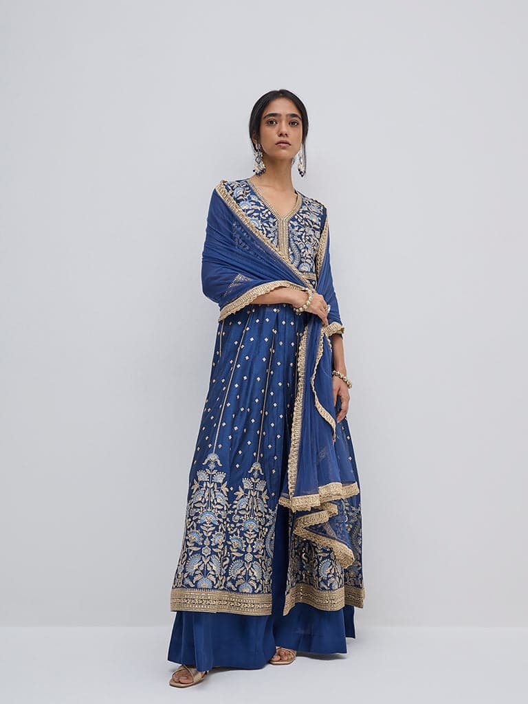 Vark Blue Embellished Anarkali Kurta, Skirt and Dupatta Set