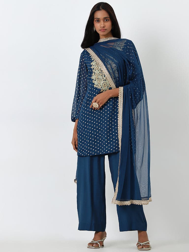 Vark Indigo Embroidered A-Line Kurti, Pants & Dupatta Set