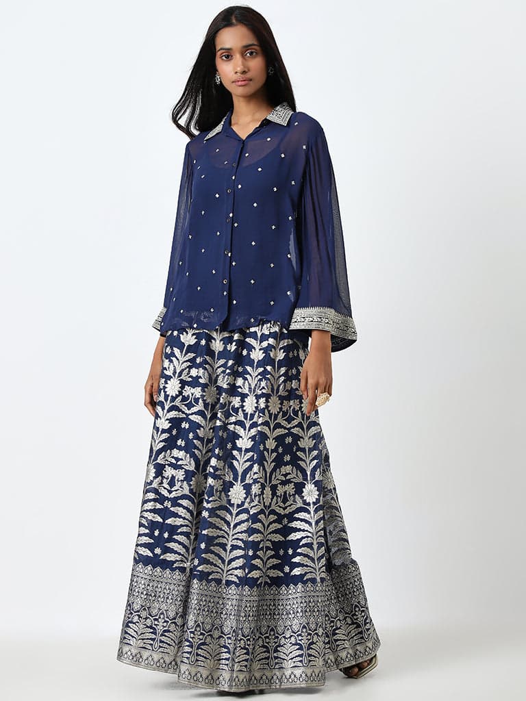 Vark Navy Embellished Shirt, Inner and Skirt Set