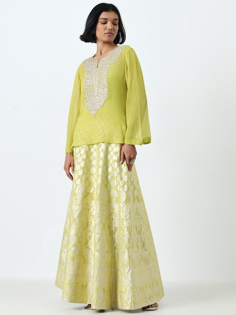 Vark Lime Floral Embellished Top, Inner and Skirt Set