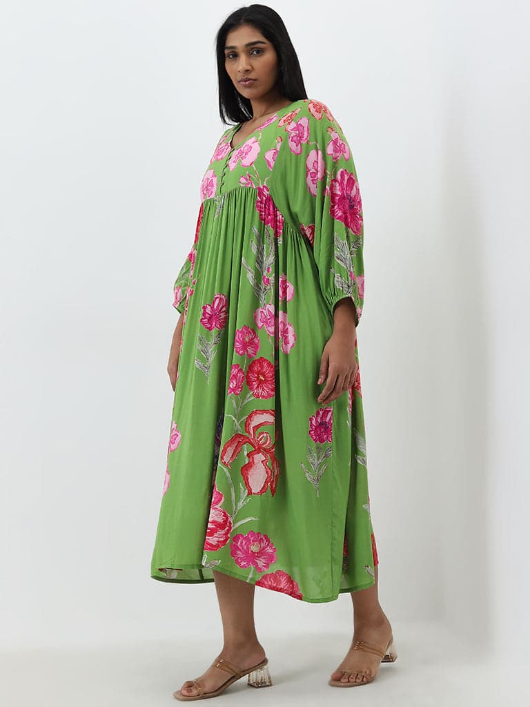 Diza Green Floral Fit-and-Flare A-Line Dress