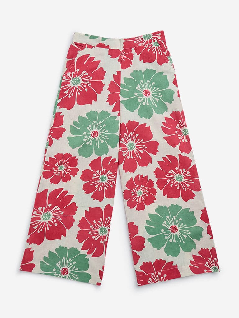 Utsa Kids Off-White Floral Printed High-Rise Cotton Blend Ethnic Pants - (8-14yrs)