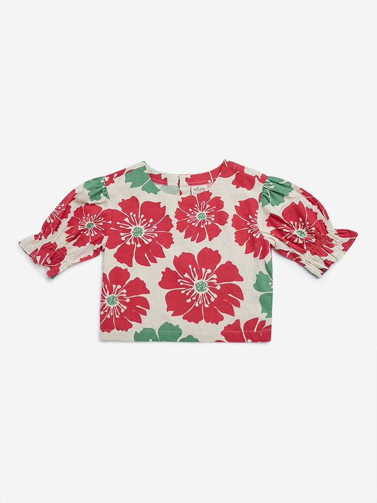 Utsa Kids Off-White Floral Printed Cotton Blend Top - (9-14yrs)