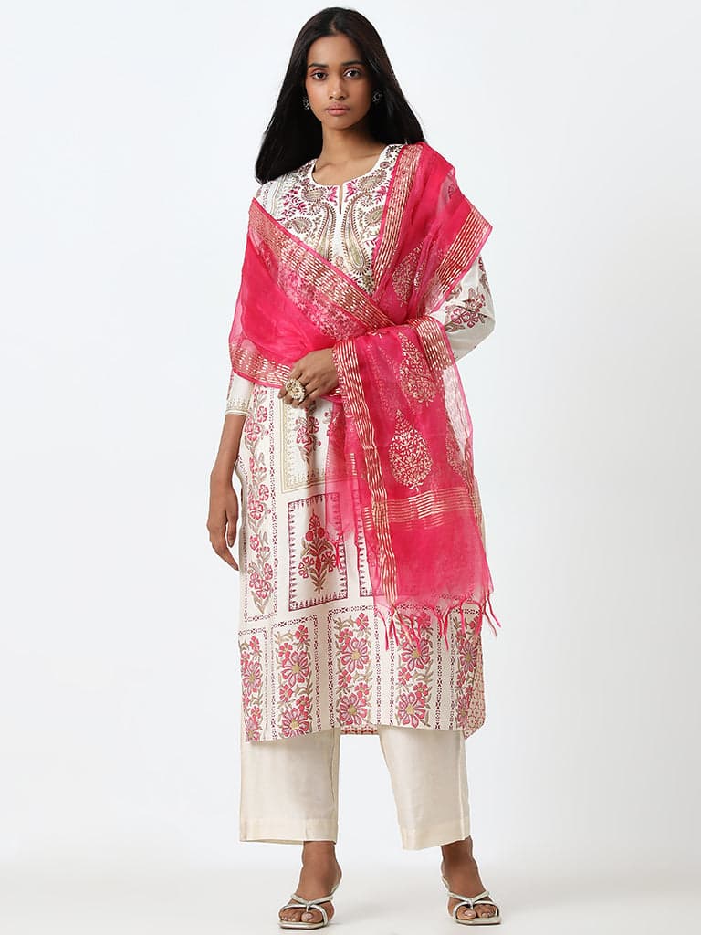 Vark Pink Embroidered Straight Kurta, Pants & Dupatta Set