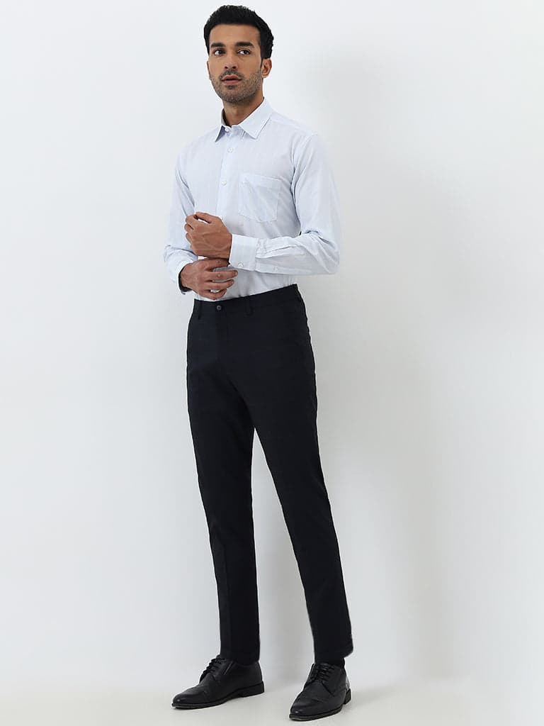 WES Formals Black Checked Slim-Fit Mid-Rise Cotton Trousers