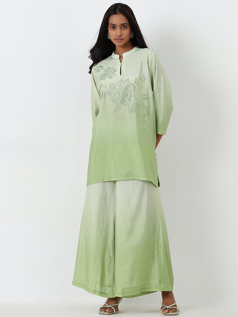 Vark Light Green Floral Design Tunic & Palazzos Set