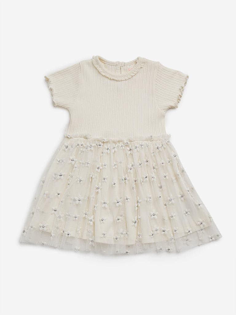 HOP Baby Off-White Floral Embroidered A-Line Dress