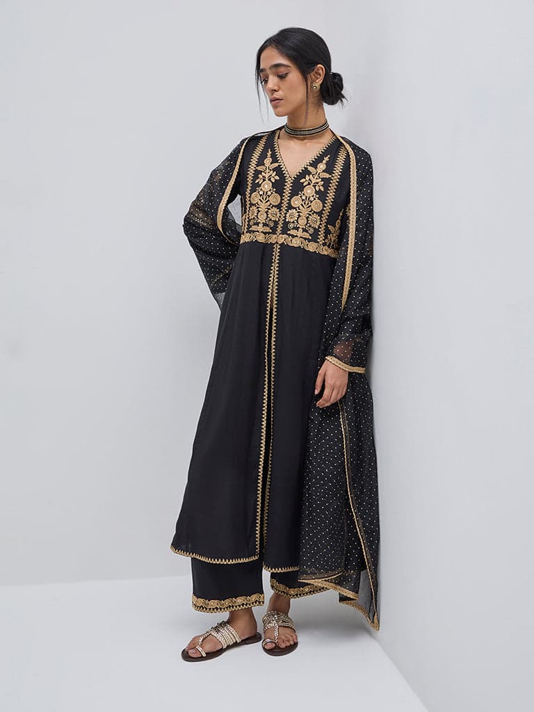 Vark Black Floral Anarkali Kurta, Pants and Dupatta Set