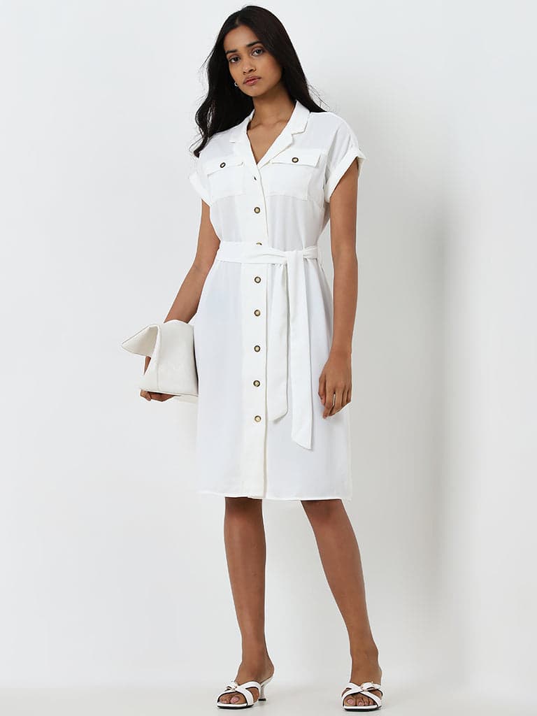 Wardrobe Solid Off-White A-Line Dress with Belt