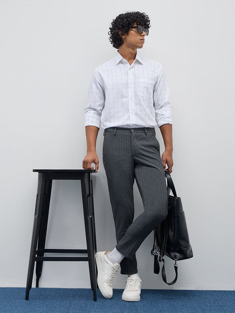 WES Formals Charcoal Striped Carrot-Fit Mid-Rise Trousers