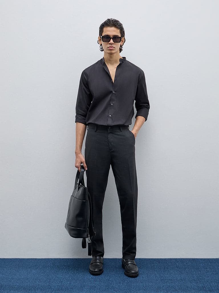 WES Formals Black Checkered Slim-Fit Mid-Rise Trousers