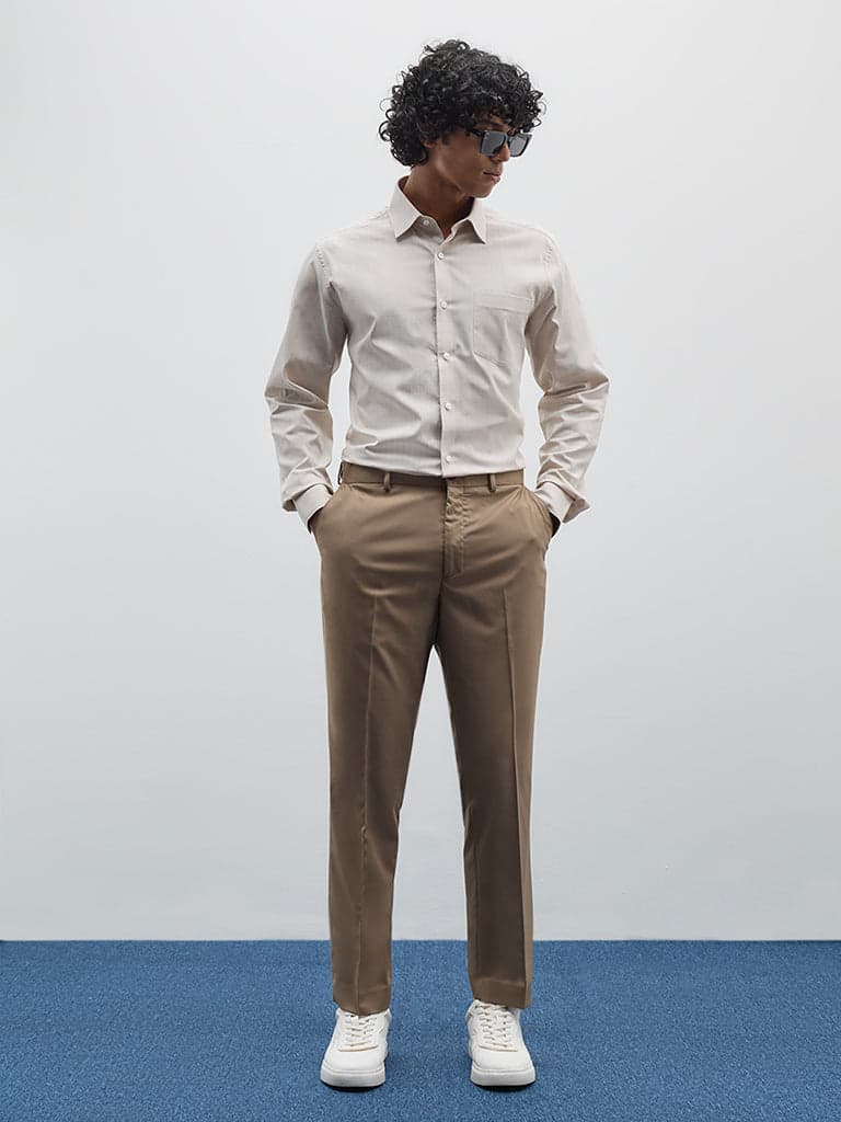 WES Formals Taupe Solid Slim-Fit Mid-Rise Trousers