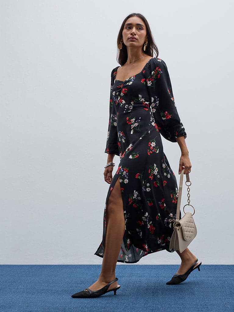 LOV Black Floral Printed A-Line Dress