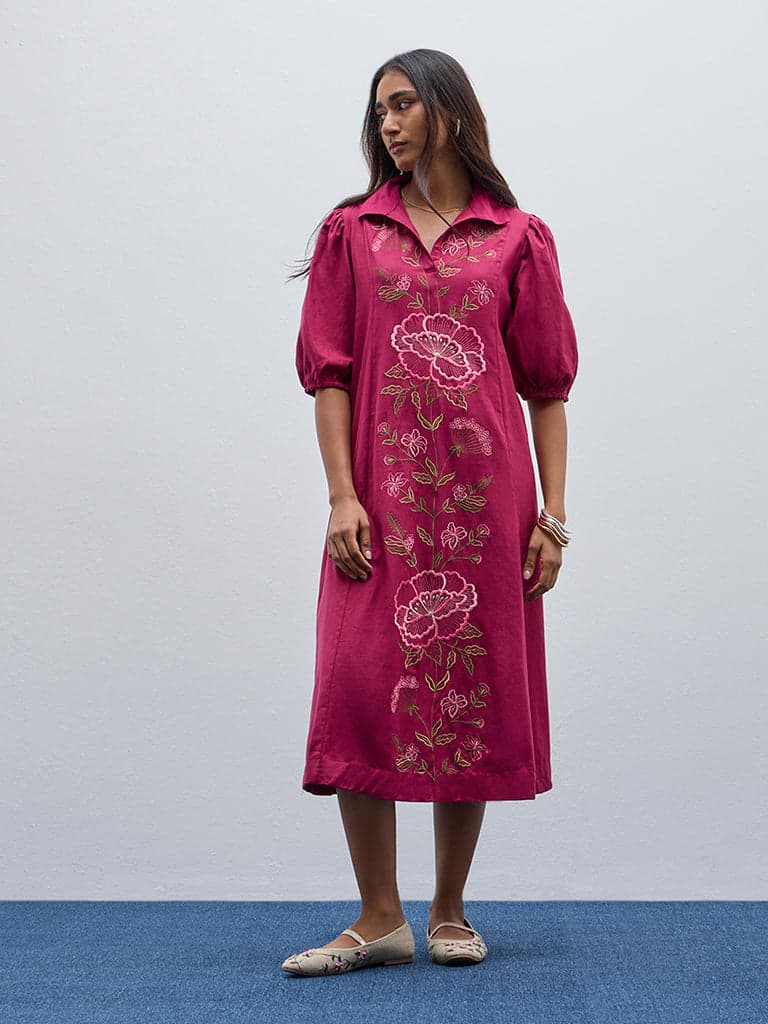 Utsa Pink Embroidered A-Line Cotton Blend Dress