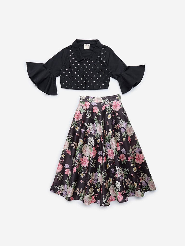 Utsa Kids Black Embellished Top and Ghagra Set - (2-8yrs)