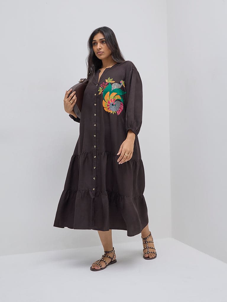 Diza Black Bird Embroidered Tiered Dress