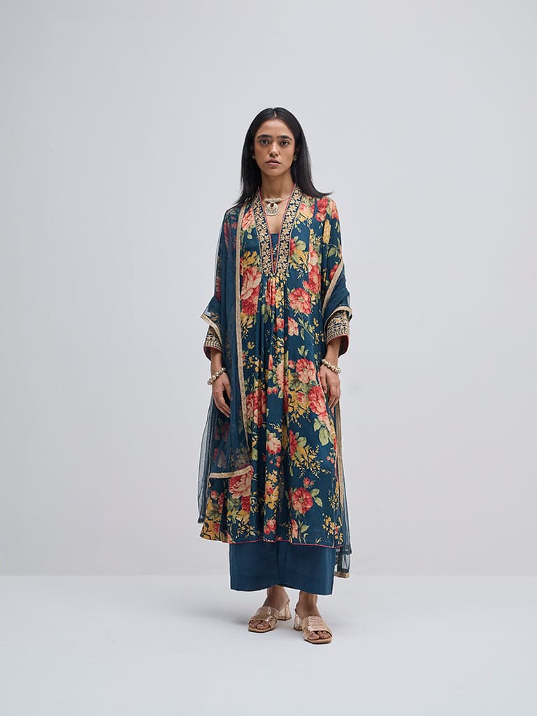 Vark Blue Floral Print A-Line Kurta, Pants and Dupatta Set