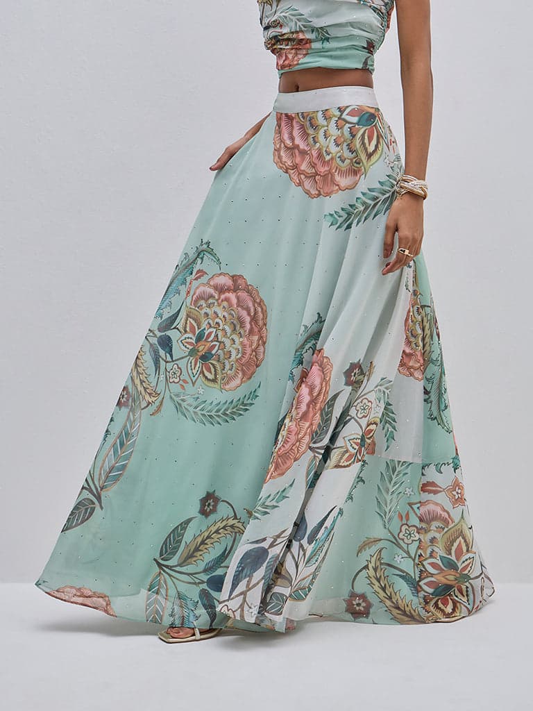 Vark Light Teal Botanical-Fit and Flare High-Rise Skirt