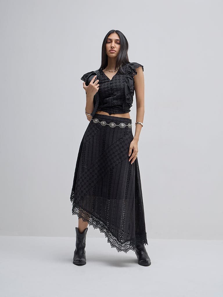 LOV Black Schiffli Design Asymmetrical Cotton Skirt