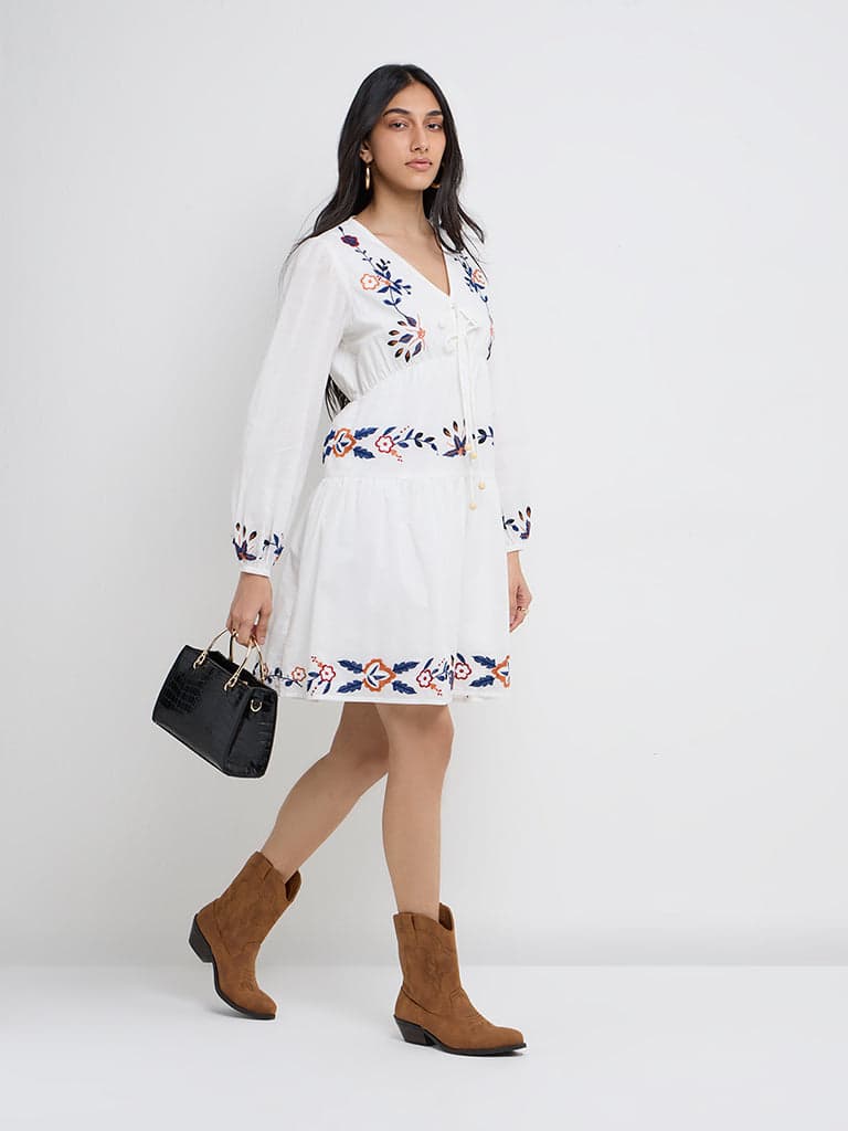 LOV White Embroidered Cotton A-Line Dress