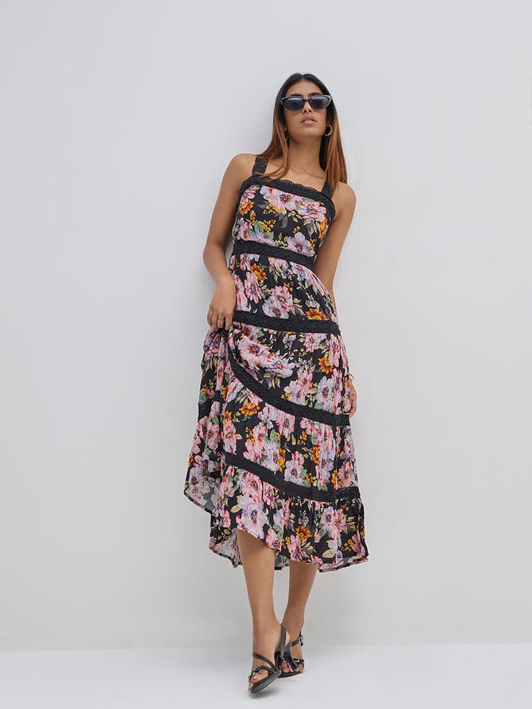 LOV Black Floral Printed Tiered Dress