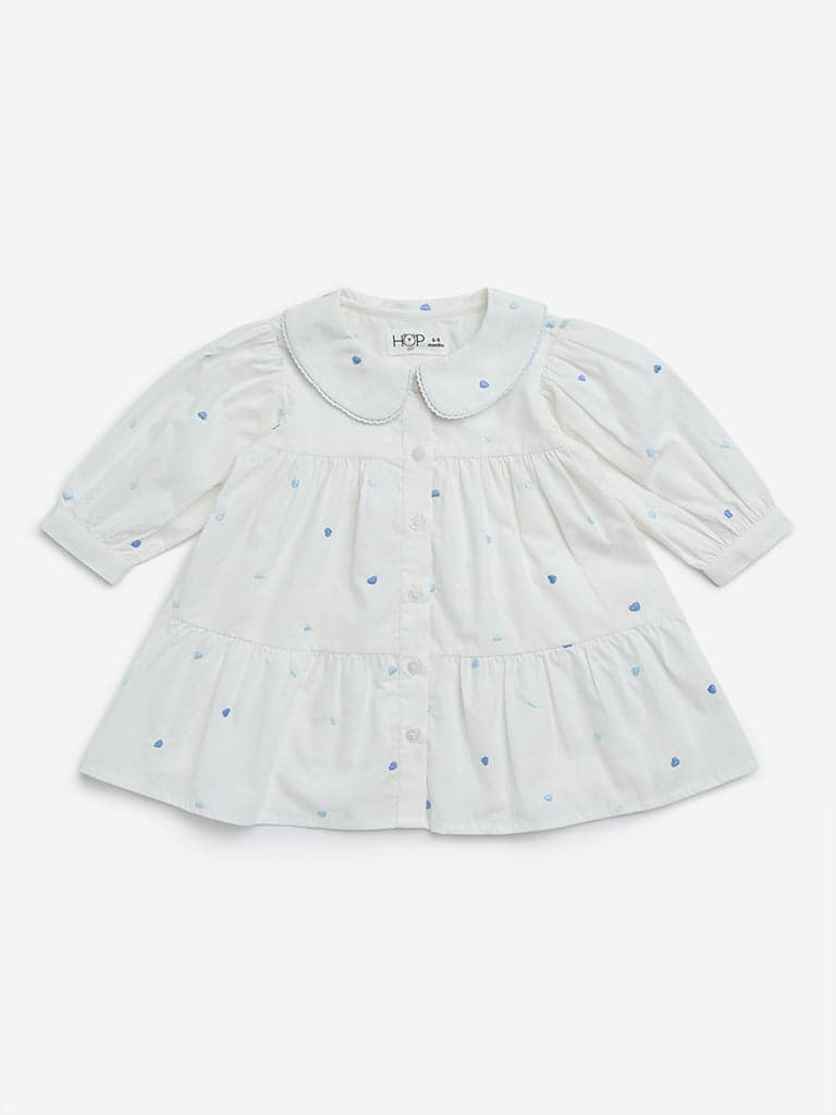 HOP Baby White Heart Printed Cotton Tiered Dress