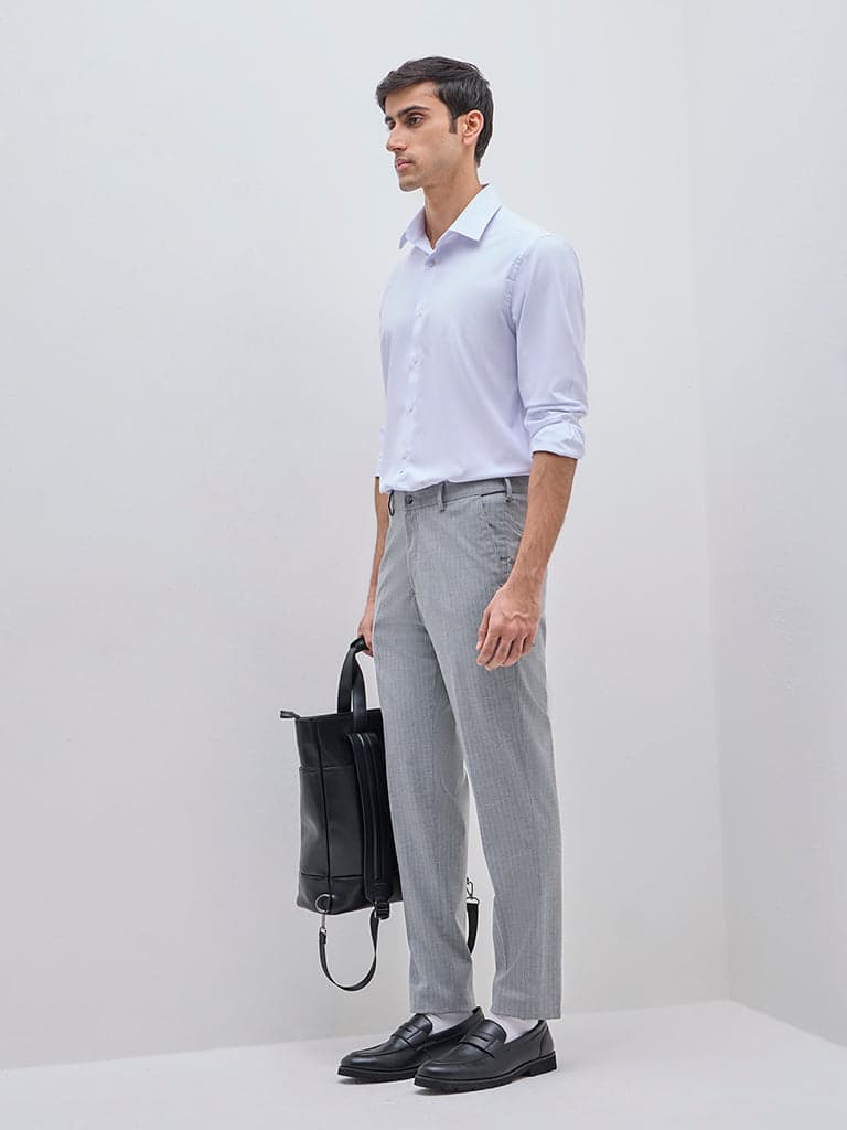 WES Formals Grey Pinstriped Slim-Fit Mid-Rise Trousers