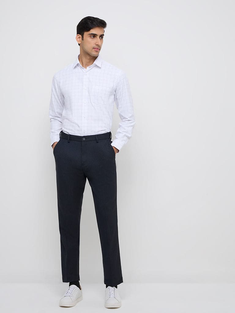 WES Formals Navy Striped Slim-Fit Mid-Rise Trousers