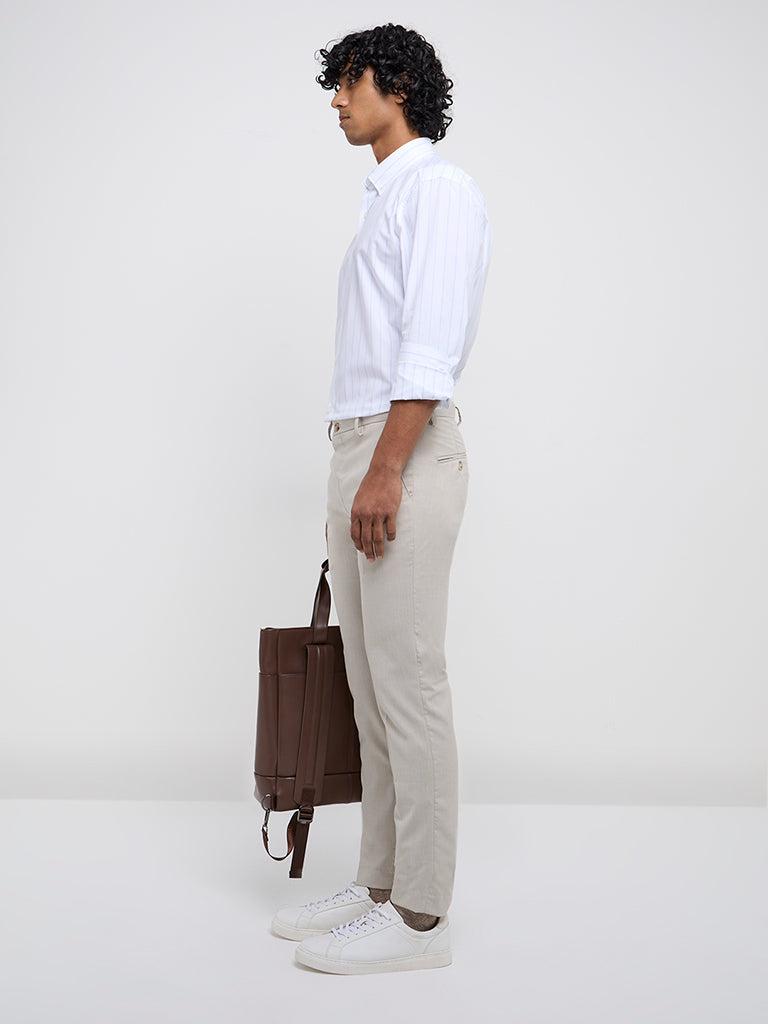 WES Formals Beige Solid Ultra-Slim Fit Mid-Rise Trousers