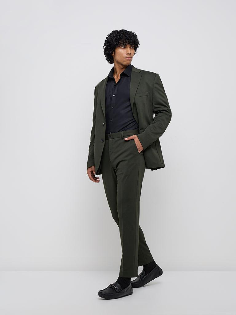 WES Formals Dark Green Slim-Tapered Mid-Rise Trousers