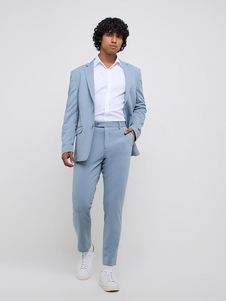 WES Formals Light Blue Slim-Tapered Mid-Rise Trousers